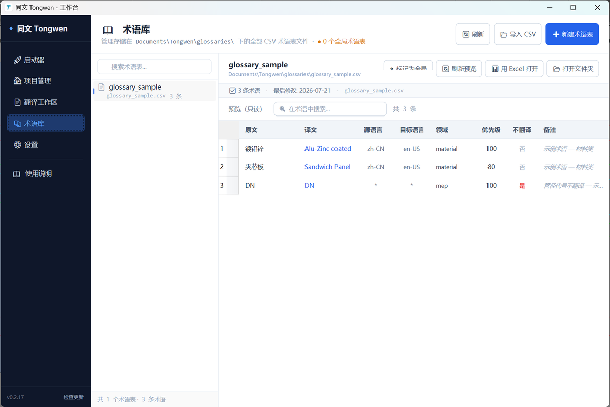 Tongwen terminology library with translation and do-not-translate entries
